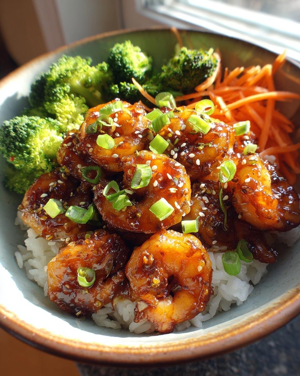 Close-up of Irresistible Teriyaki Shrimp Bowls featuring glazed shrimp over white rice with broccoli and shredded carrots.