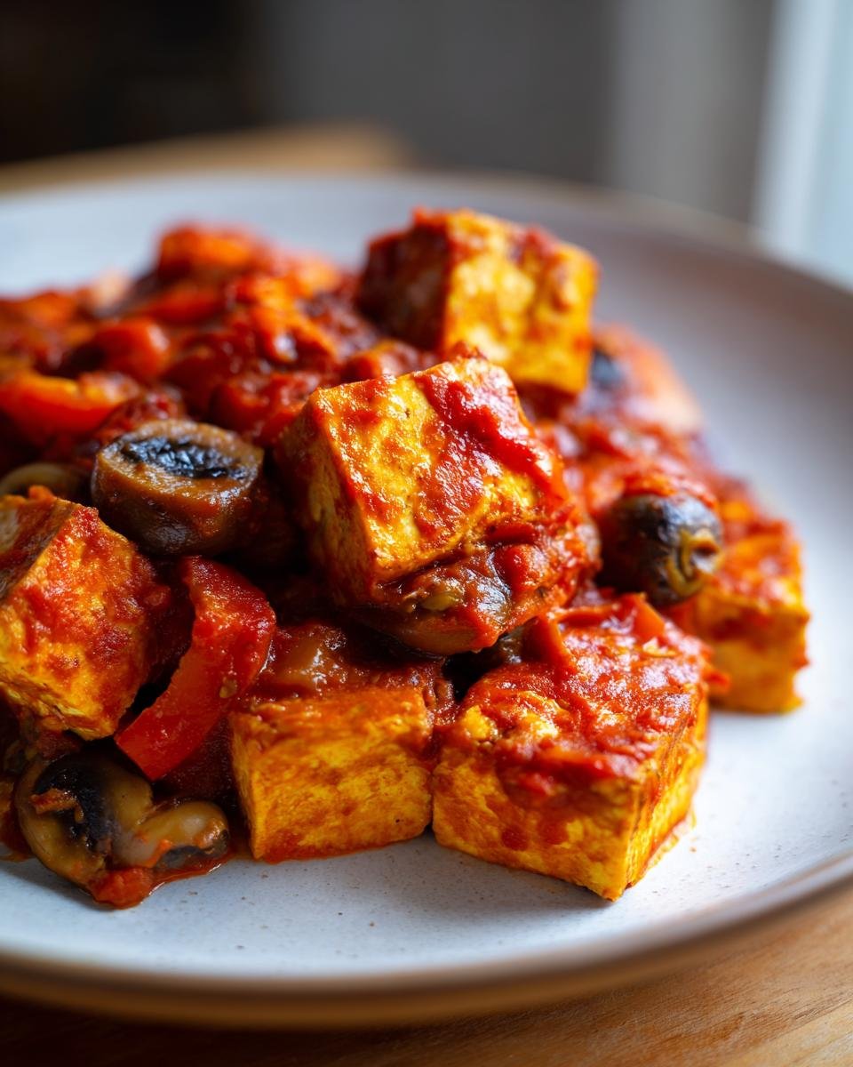 Close-up of golden tofu cubes smothered in rich, red tomato sauce with mushrooms and peppers in Irresistible Tofu Cacciatore.