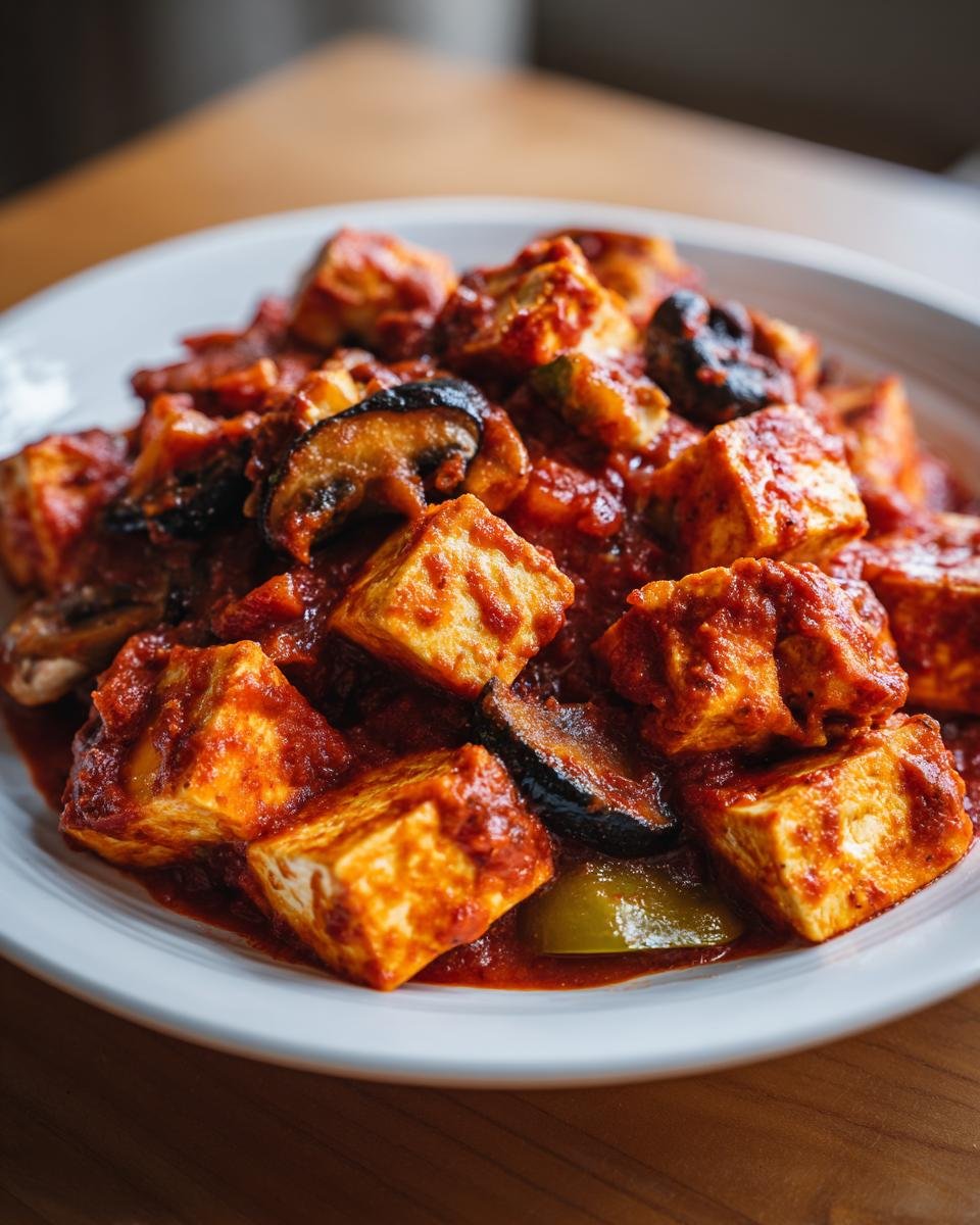 Close-up of pan-seared tofu cubes smothered in rich tomato sauce with mushrooms, part of the Irresistible Tofu Cacciatore.