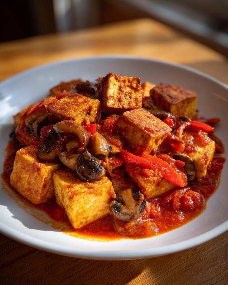 Close-up of golden-brown tofu cubes served in a rich tomato sauce with mushrooms and red peppers, part of the Irresistible Tofu Cacciatore.
