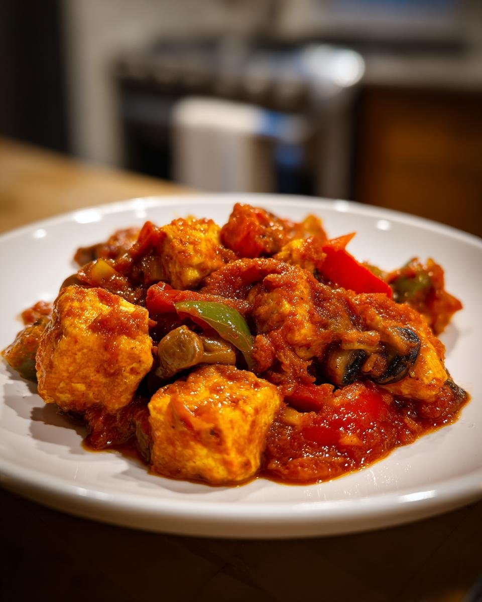 Close-up of a white plate piled high with Irresistible Tofu Cacciatore, featuring golden tofu cubes in a rich red tomato sauce with peppers and mushrooms.