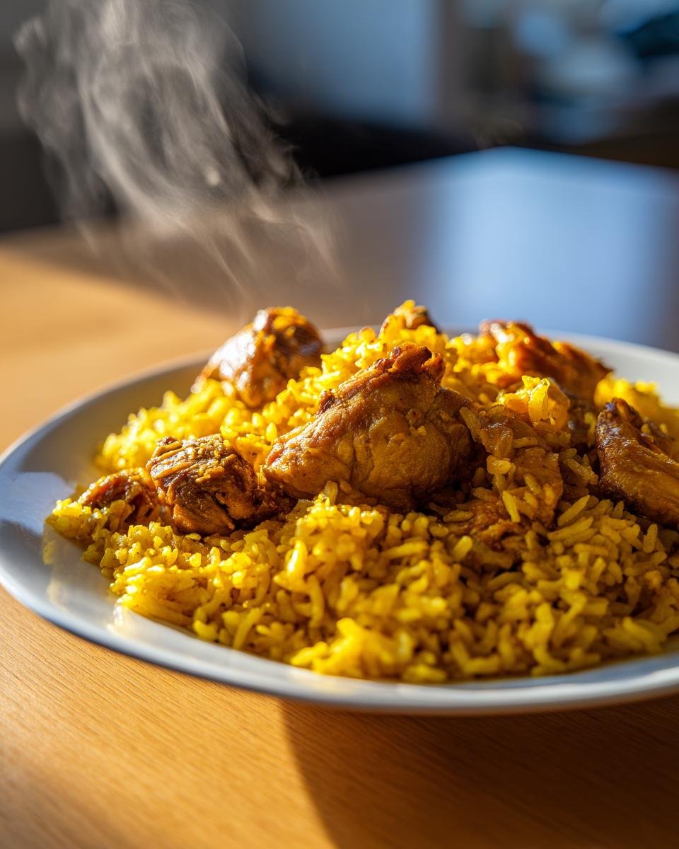 A close-up of a serving of Irresistible Turmeric Chicken and Rice, steaming hot on a white plate.