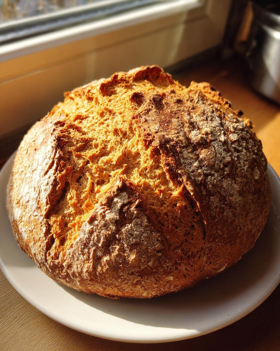 A rustic, round loaf of freshly baked Irresistible Vegan Soda Bread with a golden-brown, cracked crust dusted with flour.
