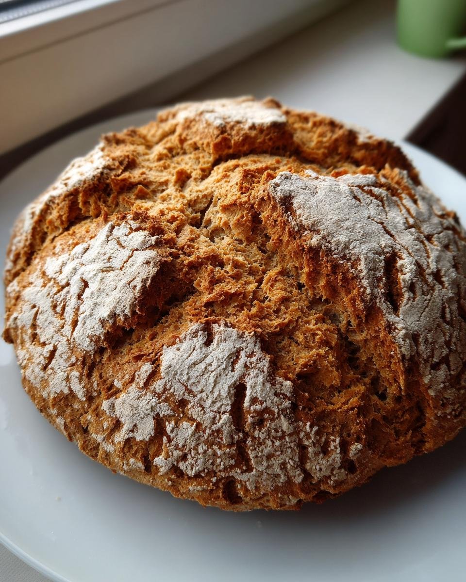 Close-up of a rustic, round loaf of Irresistible Vegan Soda Bread with a cracked, flour-dusted crust.