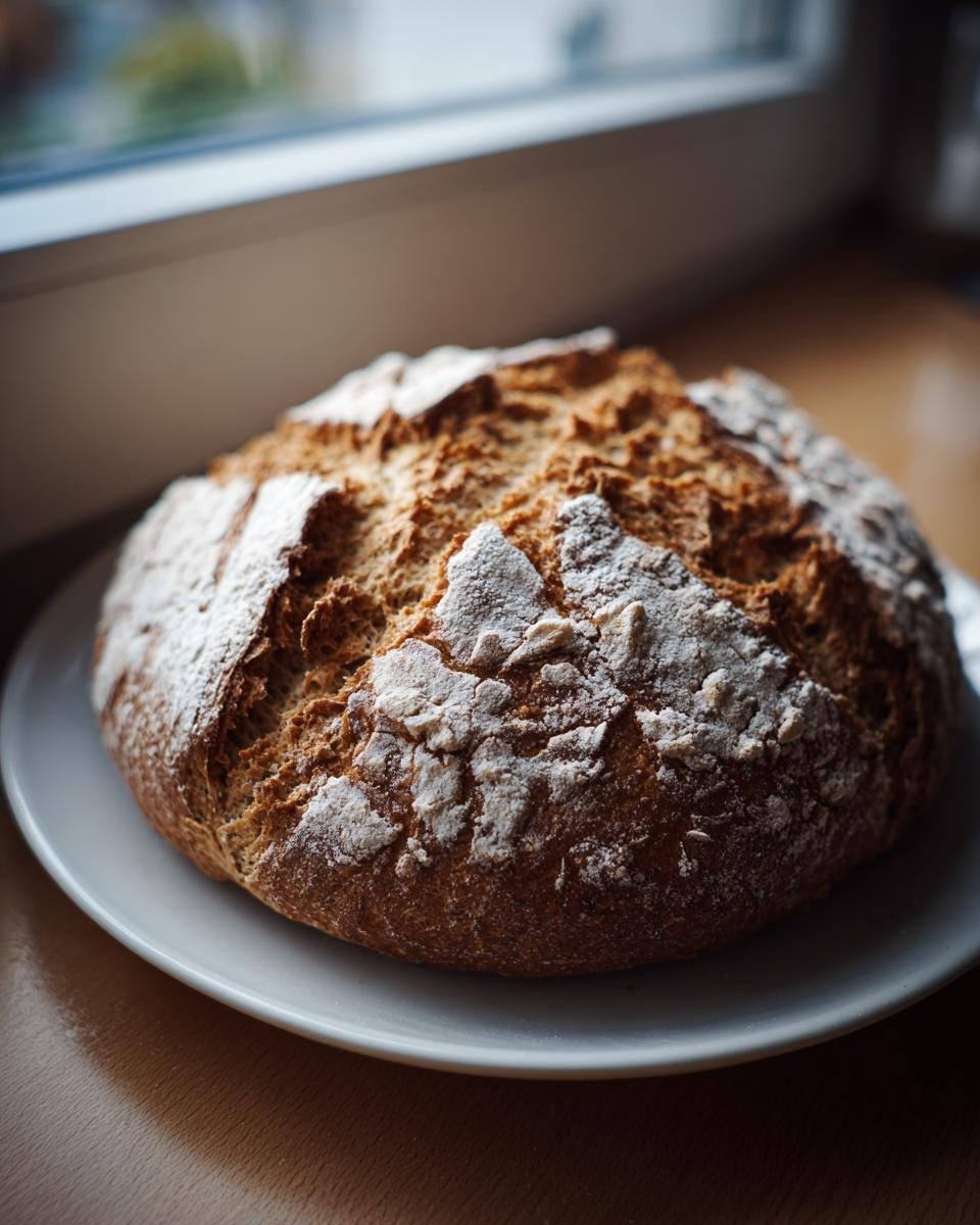 A rustic, round loaf of Irresistible Vegan Soda Bread with a cracked, flour-dusted crust sitting on a white plate.