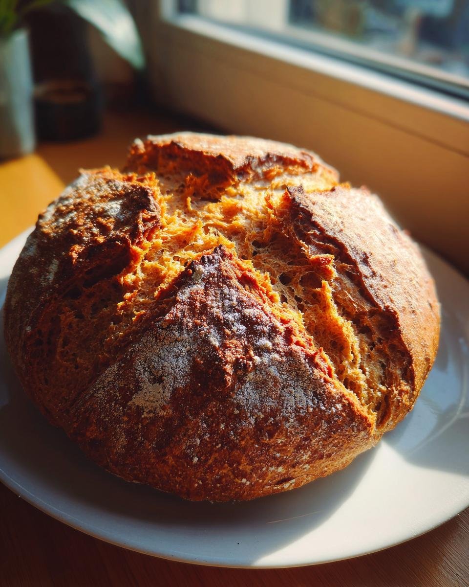 A freshly baked, round loaf of Irresistible Vegan Soda Bread with a deeply browned, cracked crust dusted with flour.