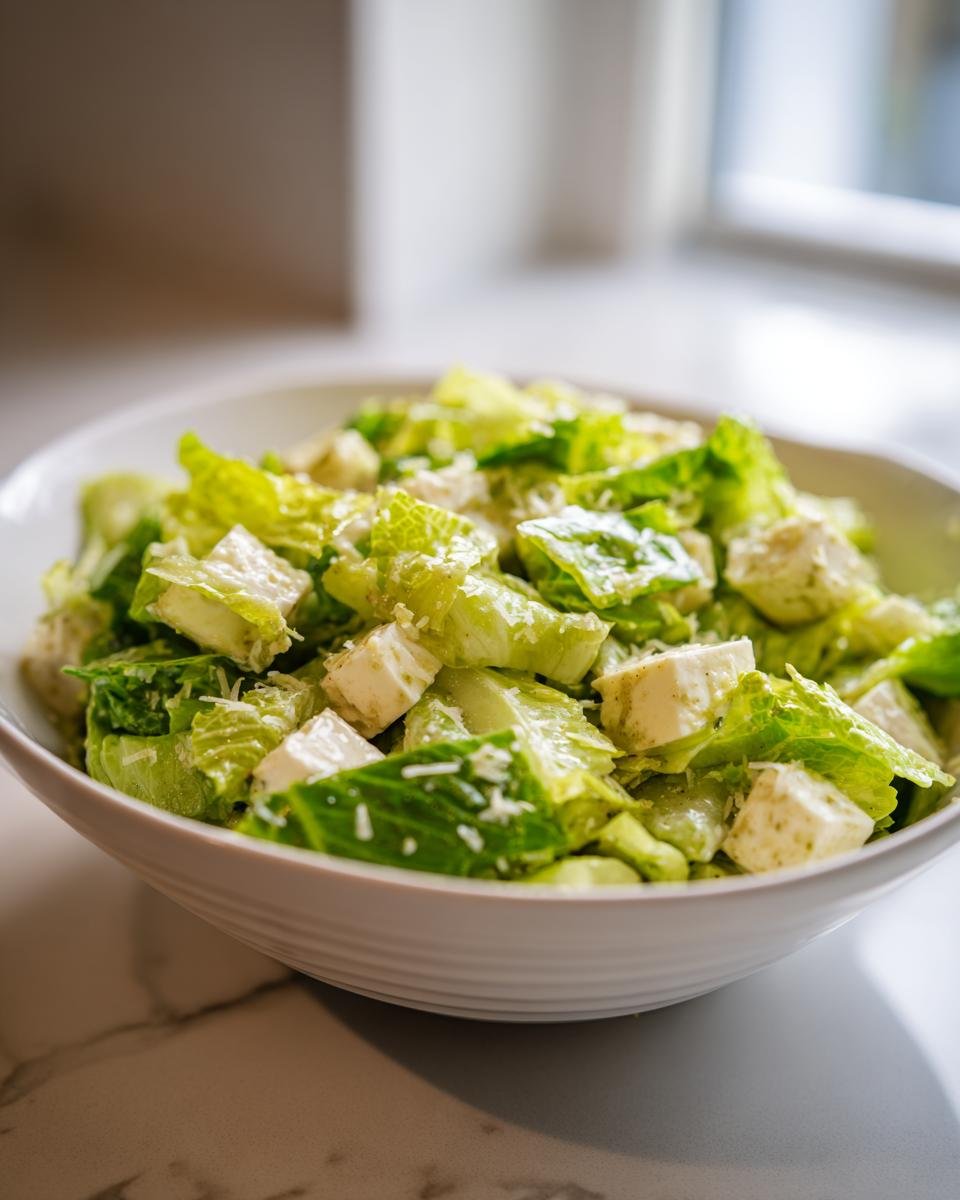 A close-up of a white bowl filled with chopped romaine lettuce, cheese cubes, and dressing, representing the La Scala Chopped Salad.