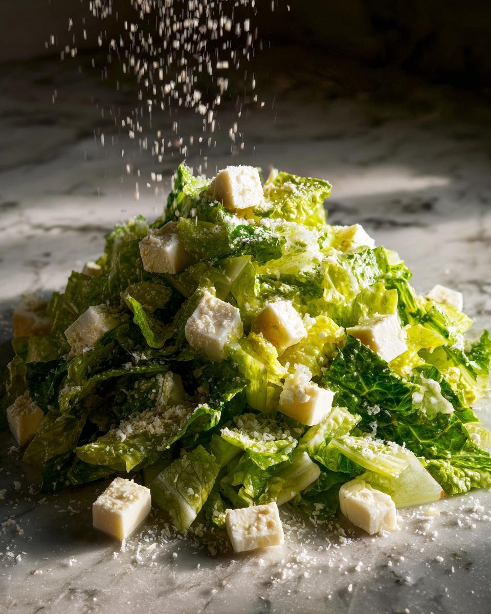 Grated cheese being sprinkled over a mound of La Scala Chopped Salad with large cheese cubes.