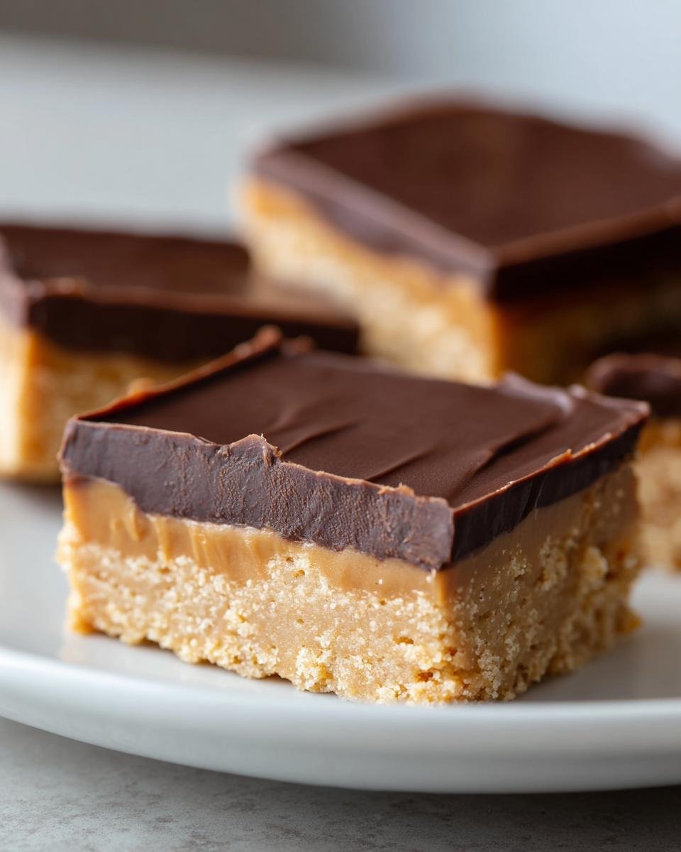 A close-up of a perfectly layered Peanut Butter Bars square showing the crumbly base, creamy peanut butter layer, and thick chocolate topping.