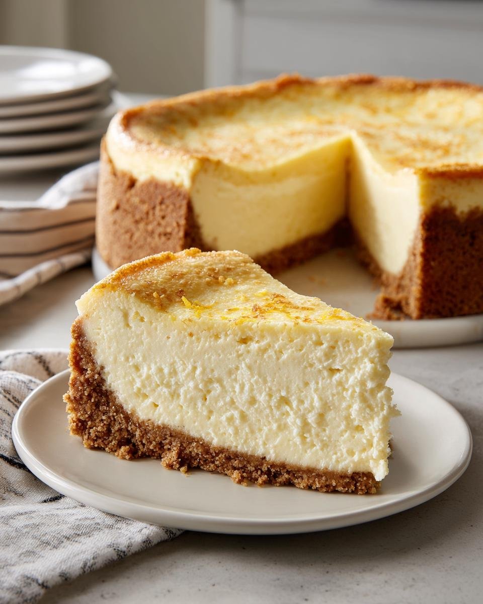 A thick slice of creamy Lemon Cheesecake with a graham cracker crust, topped with lemon zest.