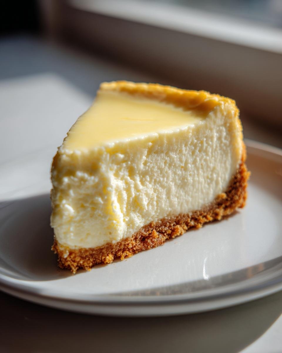 A close-up of a creamy slice of crack-free Lemon Cheesecake with a graham cracker crust, lit by natural light.