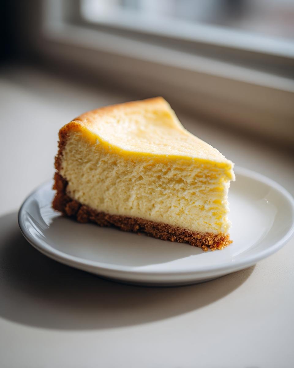 A thick, smooth slice of baked Lemon Cheesecake with a golden brown graham cracker crust on a white plate.