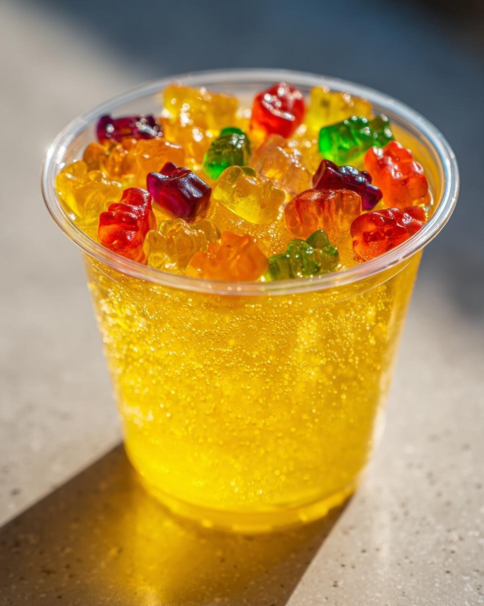 Close-up of bright yellow Lemon Drop Jello Shots topped with colorful gummy bears in a clear plastic cup.