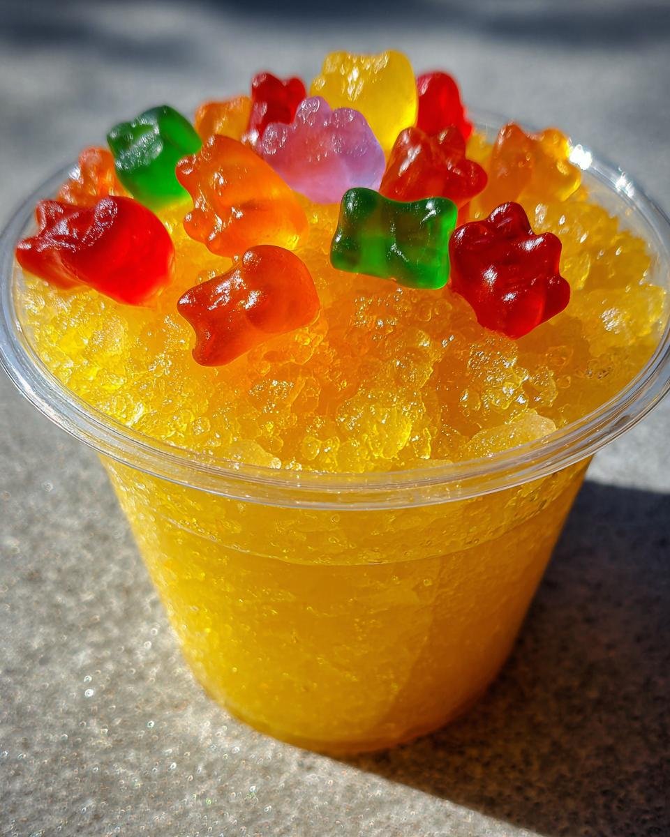 Close-up of bright yellow Lemon Drop Jello Shots topped with colorful gummy bears in a clear plastic cup.