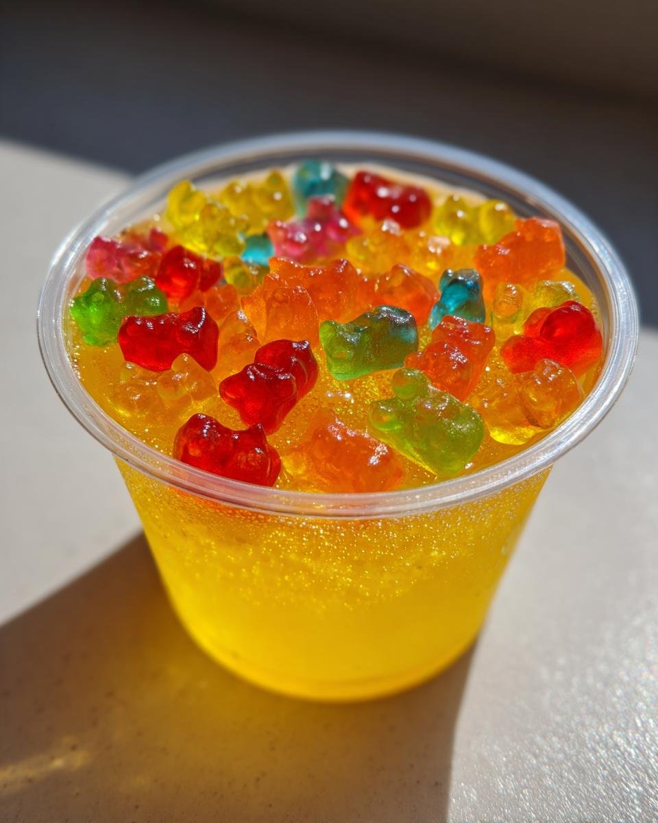 Close-up of bright yellow Lemon Drop Jello Shots in a clear cup, topped generously with colorful gummy bears.
