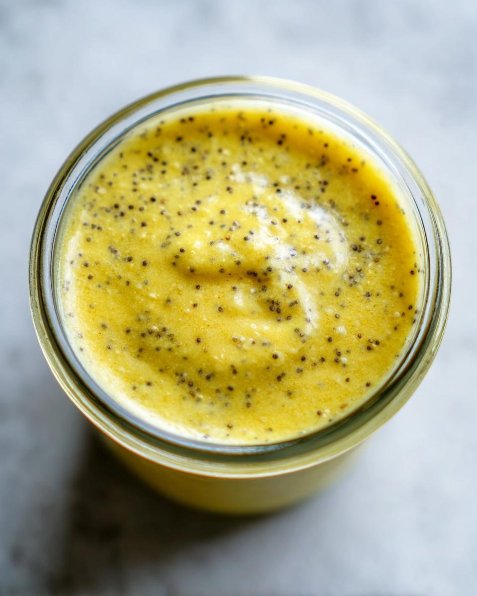 Overhead view of bright yellow Lemon Poppy Seed Dressing Dairy Free in a glass jar, speckled with black poppy seeds.