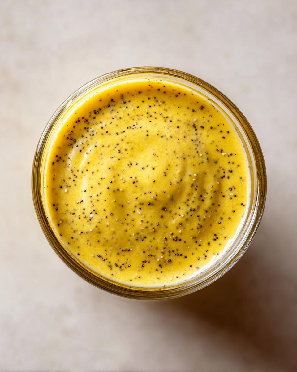 Overhead view of creamy, bright yellow Lemon Poppy Seed Dressing Dairy Free in a glass jar, flecked with poppy seeds.