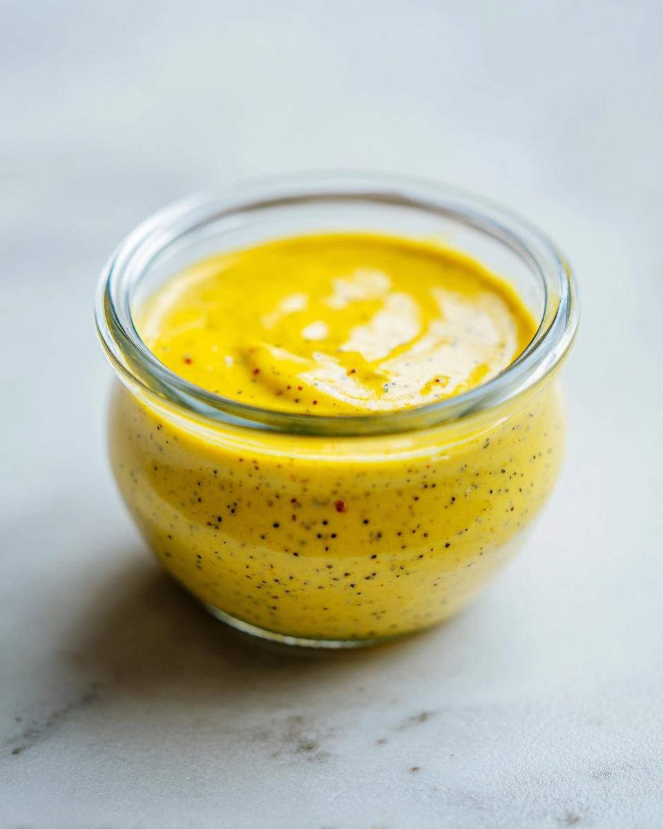 Close-up of bright yellow Lemon Poppy Seed Dressing Dairy Free, speckled with poppy seeds, in a small glass jar.