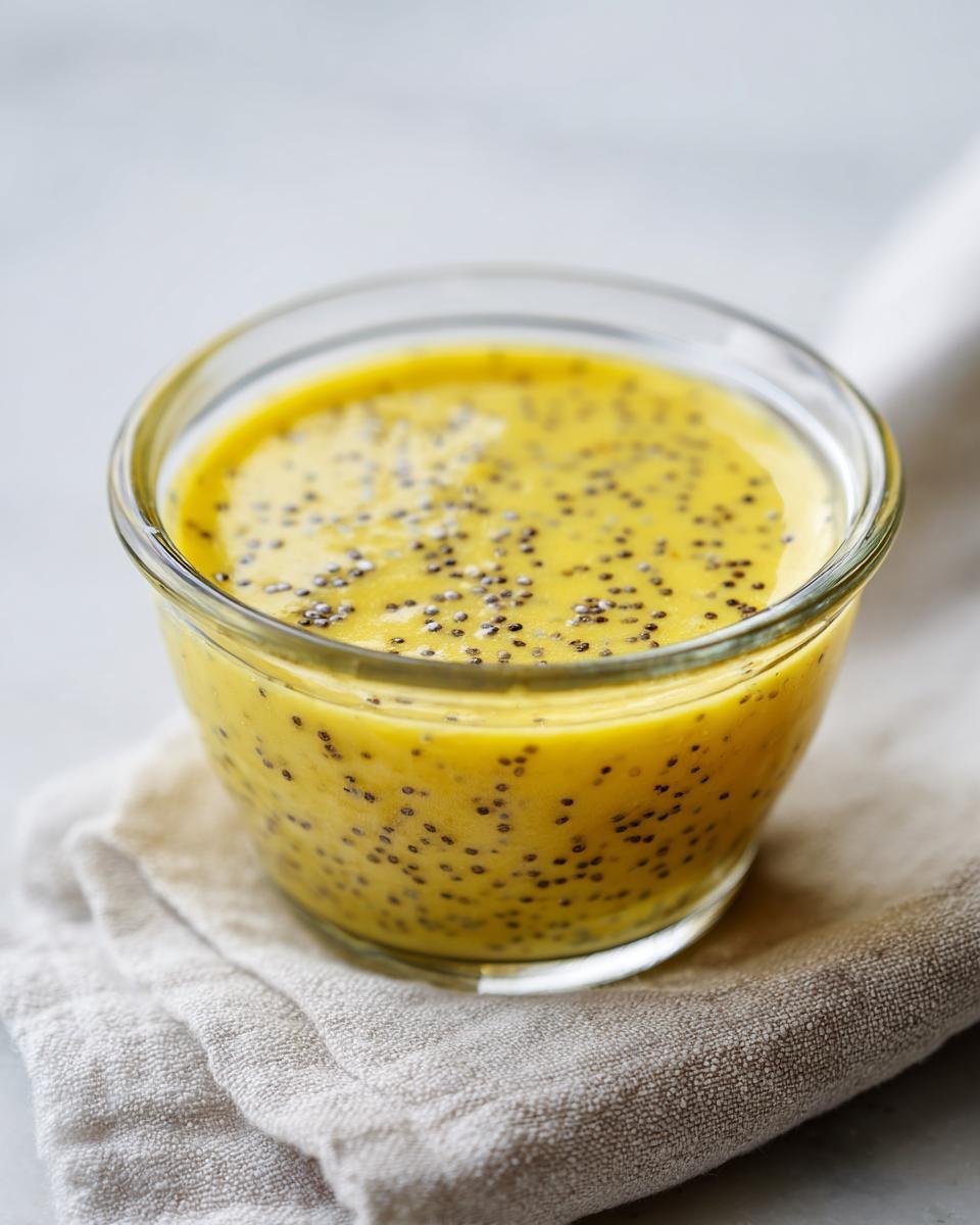 Close-up of bright yellow Lemon Poppy Seed Dressing Dairy Free in a small glass bowl, speckled with dark seeds.