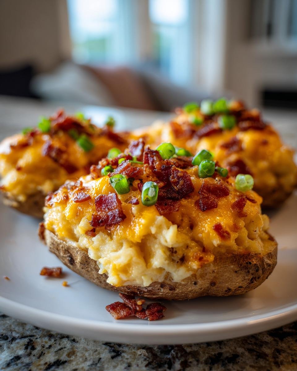 Close-up of a stuffed potato half, showcasing the creamy filling of the Loaded Baked Potato Casserole topped with melted cheddar and bacon bits.