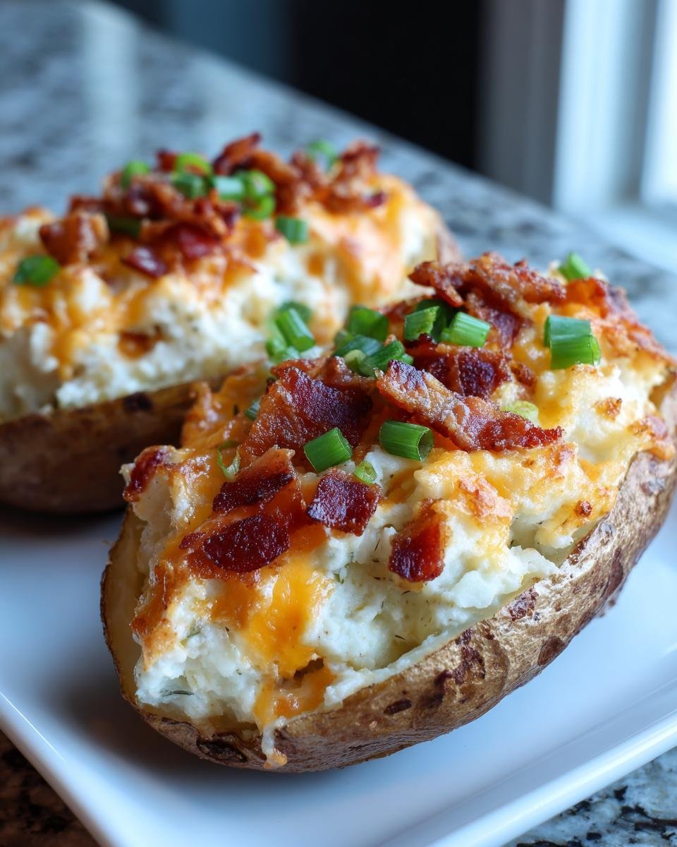 Two halves of a Loaded Baked Potato Casserole, stuffed with creamy filling, melted cheddar cheese, bacon bits, and green onions.