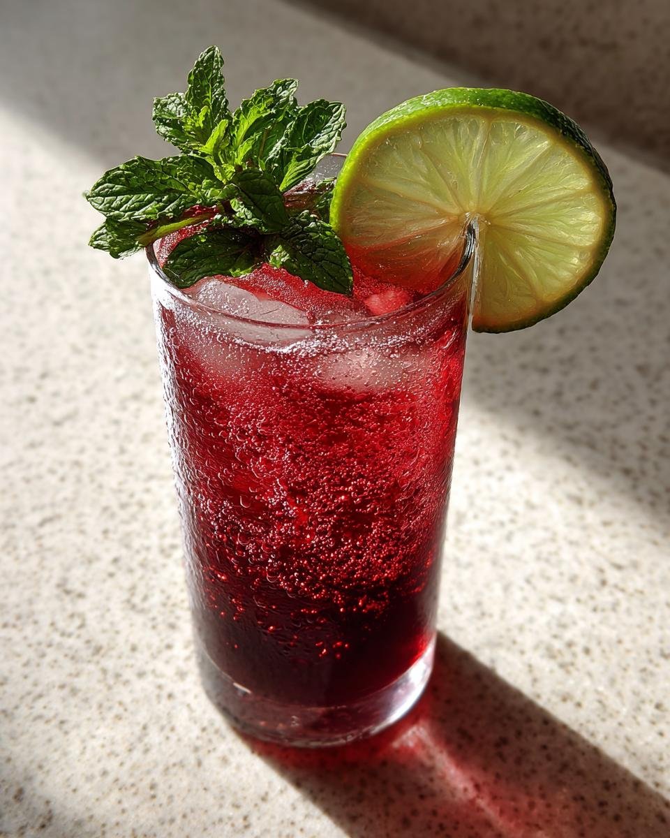 Close-up of a tall glass containing a vibrant red Loaded Hibiscus Mocktail, garnished with fresh mint and a lime wheel.