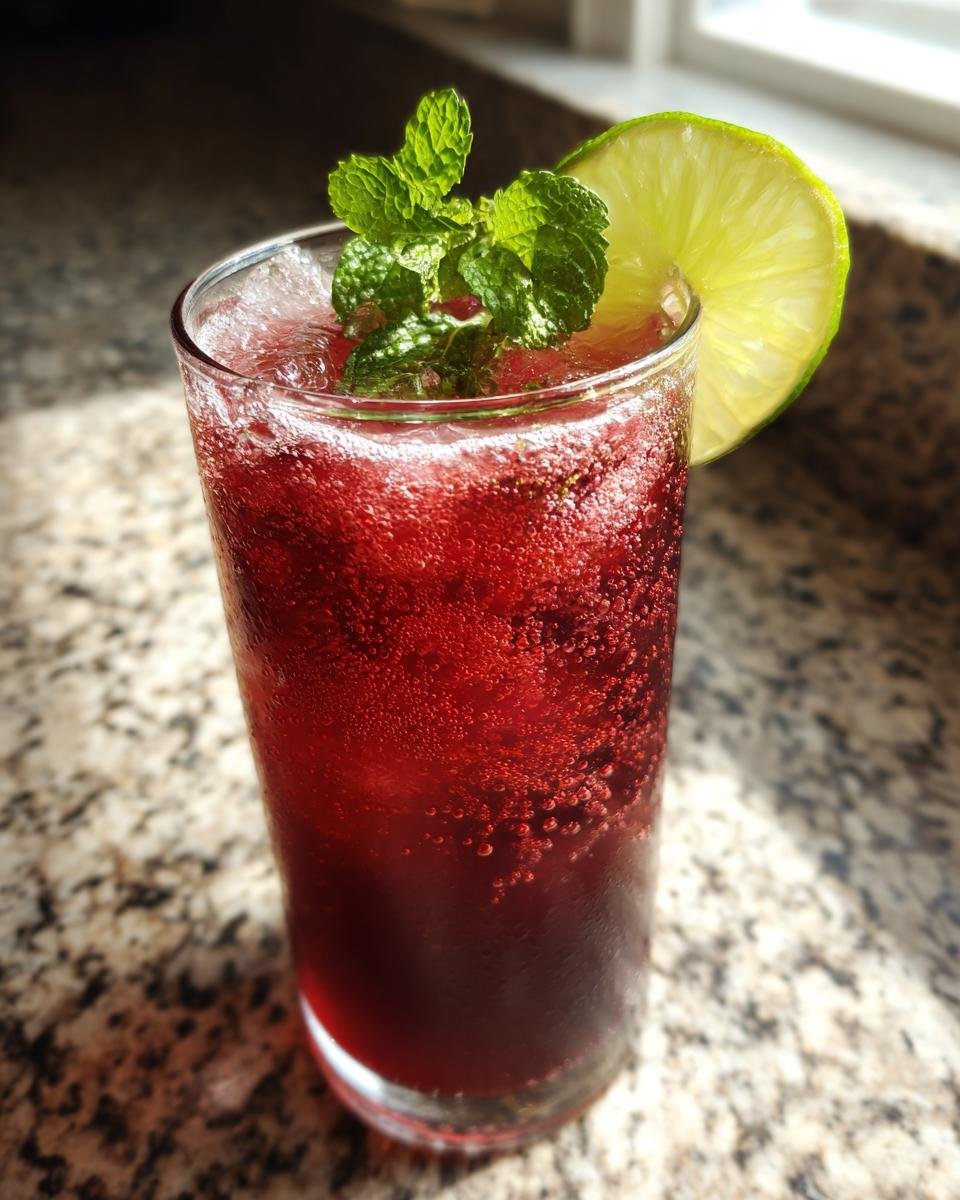 A tall glass filled with a bubbly, deep red Loaded Hibiscus Mocktail, garnished with fresh mint and a lime wheel.