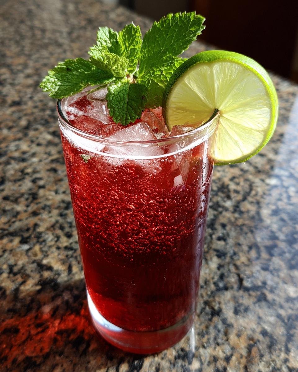 A tall glass filled with a vibrant red, fizzy Loaded Hibiscus Mocktail, garnished with fresh mint and a lime wheel.