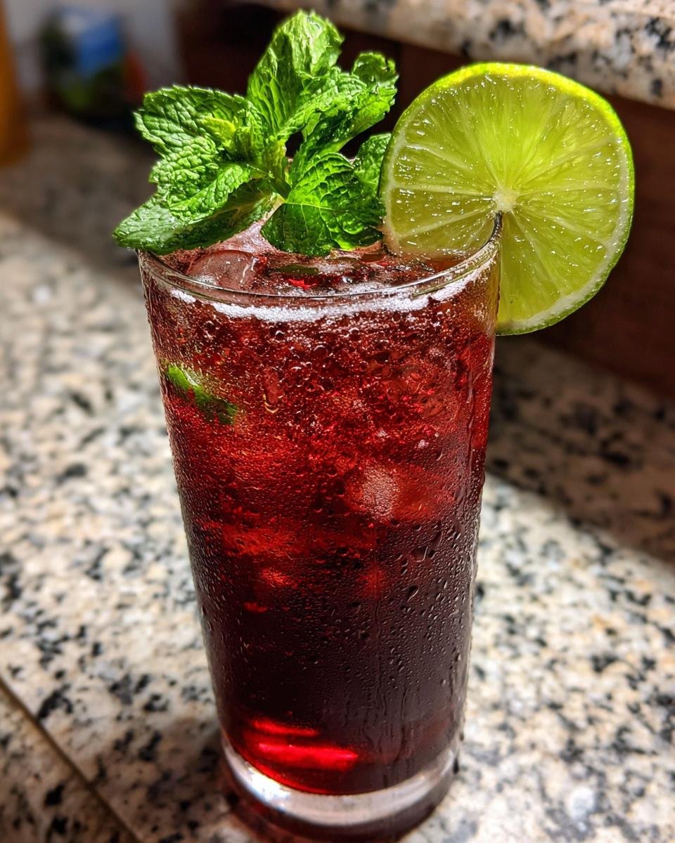 A tall, frosty glass filled with a deep red Loaded Hibiscus Mocktail, garnished with fresh mint and a lime wheel.