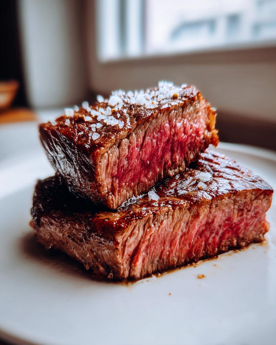 Two thick slices of perfectly cooked medium-rare Air Fryer Steak, stacked and topped with flaky sea salt.