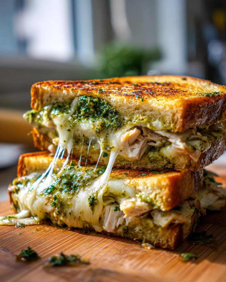 Close-up of an Irresistible Mega Chicken Pesto Grilled Cheese Sandwich cut in half, showing melted cheese stretching between the layers.