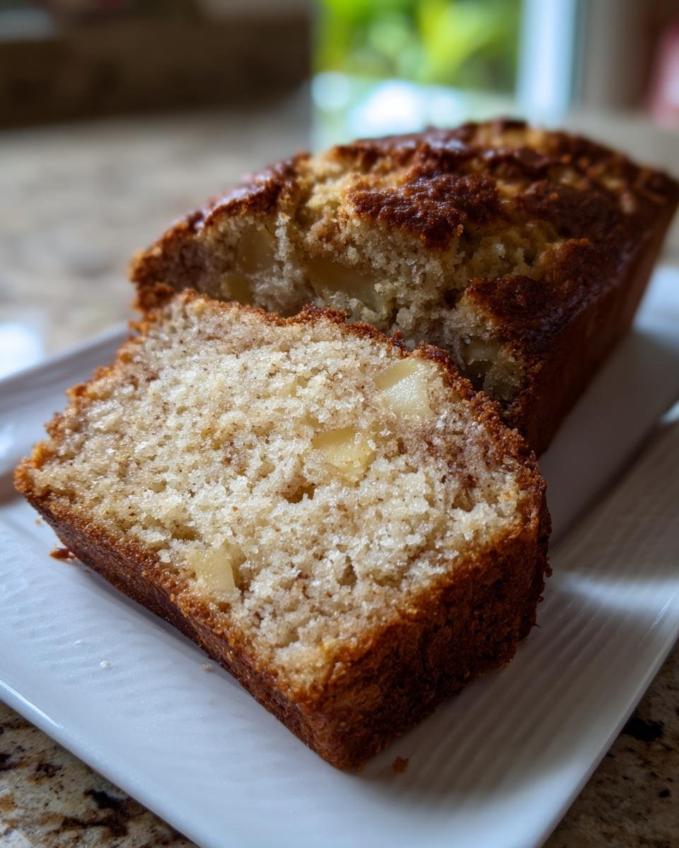 Close-up of a thick slice of moist Apple Bread showing chunks of apple and a golden brown crust.