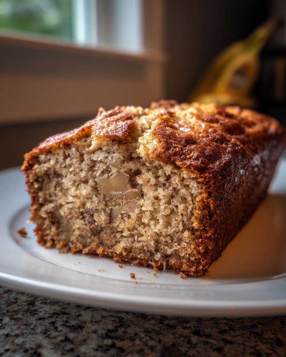 Close-up of a slice of moist Apple Bread with a golden-brown crust on a white plate.