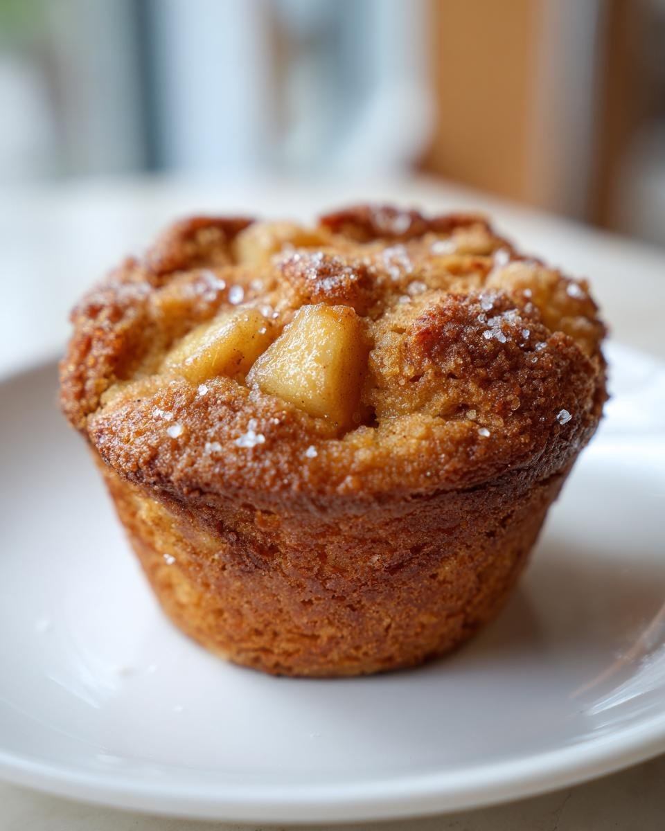 Close-up of a single, golden-brown Apple Muffins topped with visible chunks of baked apple and coarse sugar.