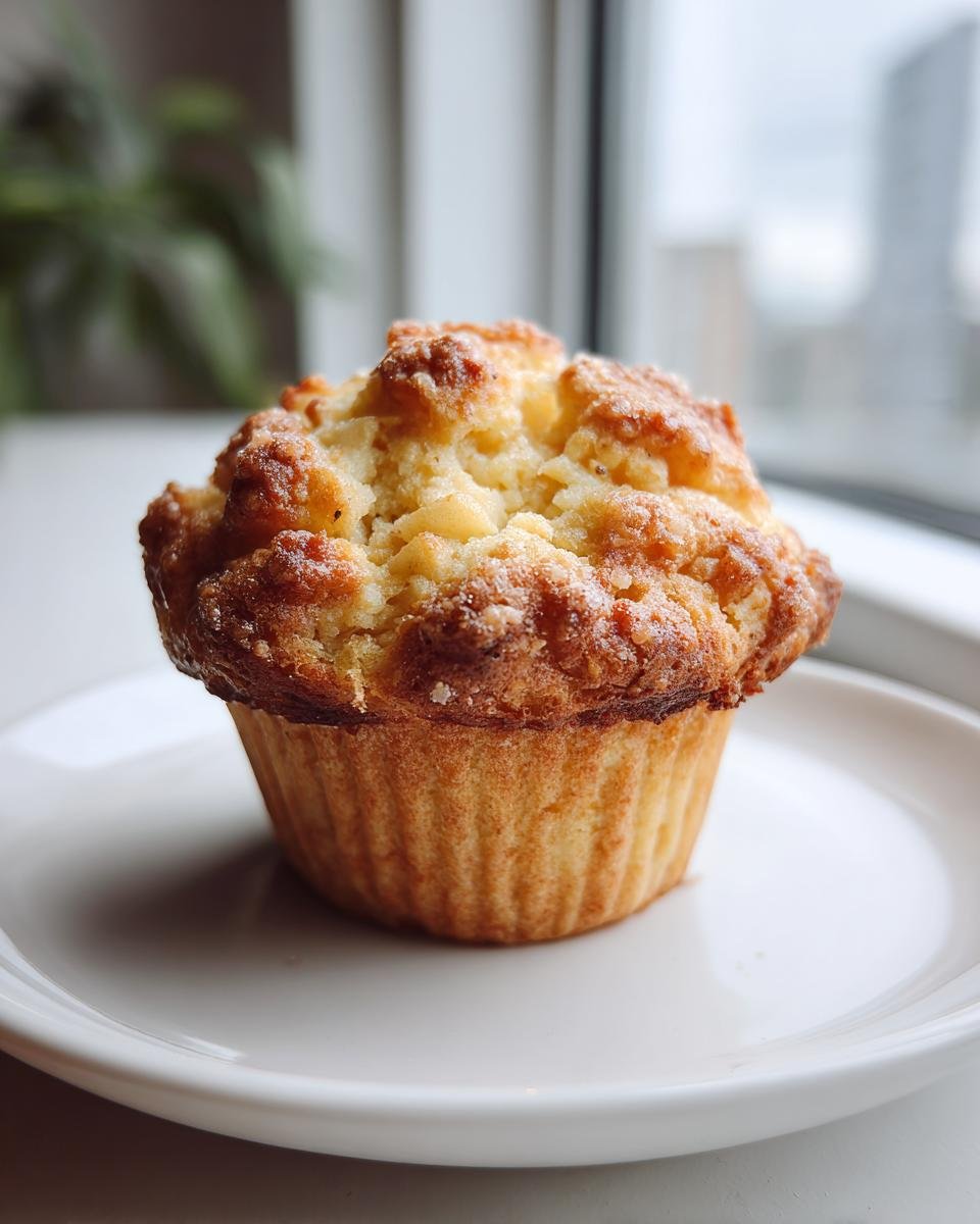 A single, perfectly baked Apple Muffins with a golden crumb topping sitting on a white plate near a window.