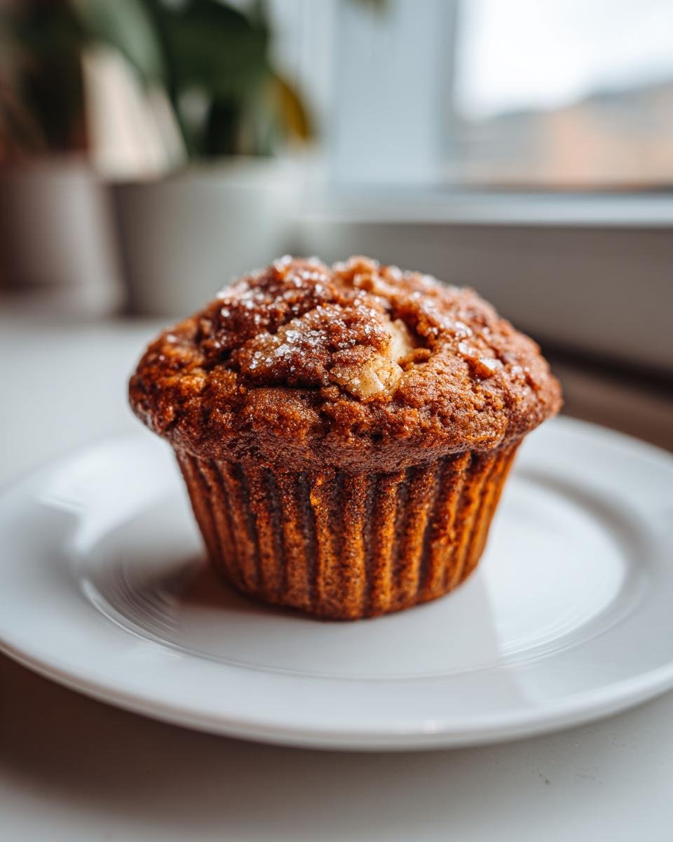 A single, perfectly baked Apple Muffins with a sugary crust sitting on a white plate.