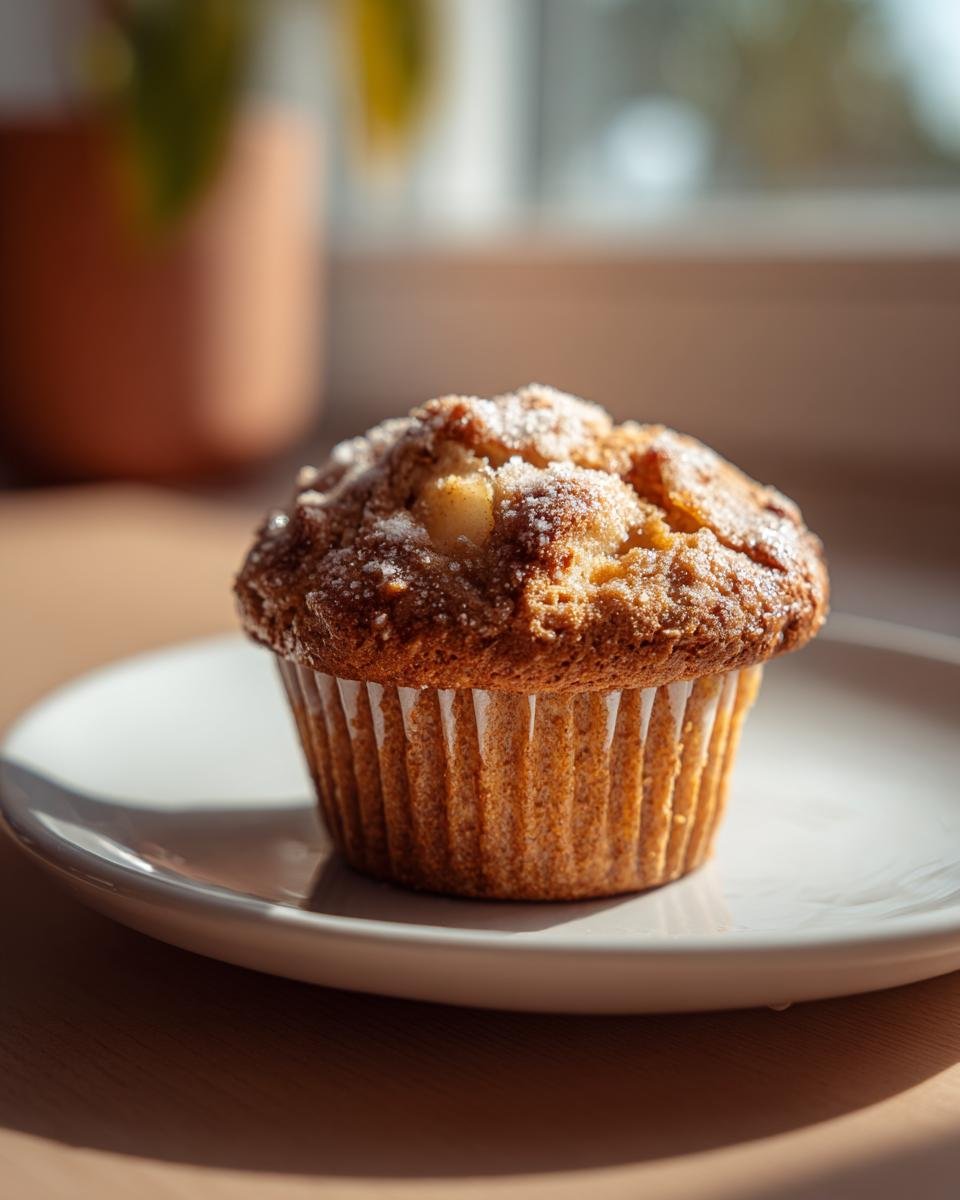 A single, perfectly baked Apple Muffins topped with coarse sugar, sitting on a white plate.