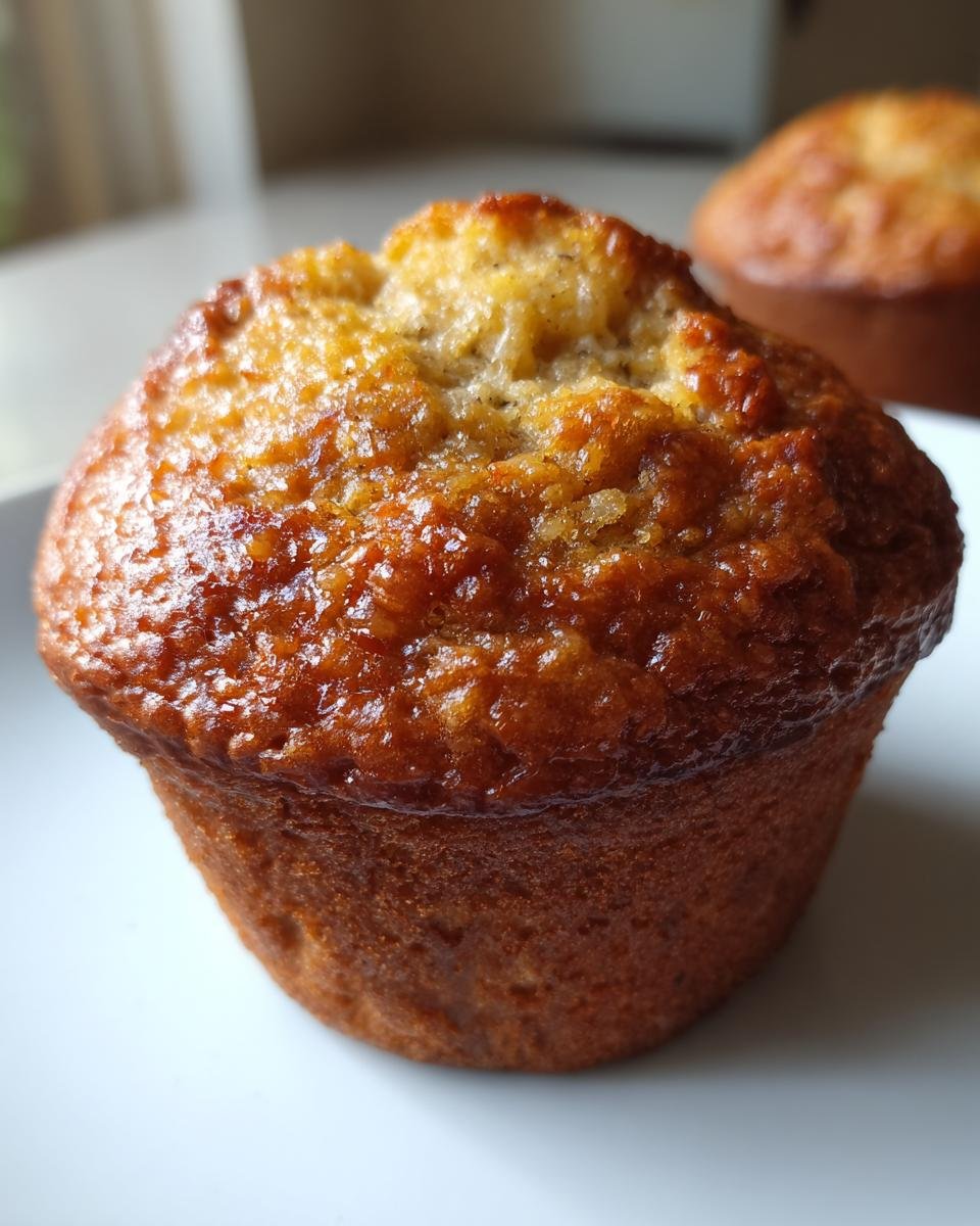 Close-up of a single, perfectly baked, moist Banana Muffins with a shiny, caramelized top.