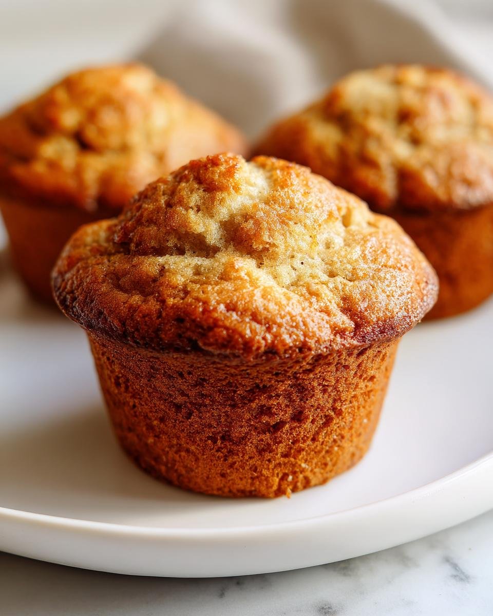 Close-up of a perfectly baked, golden-brown Banana Muffins with a domed top, resting on a white plate.