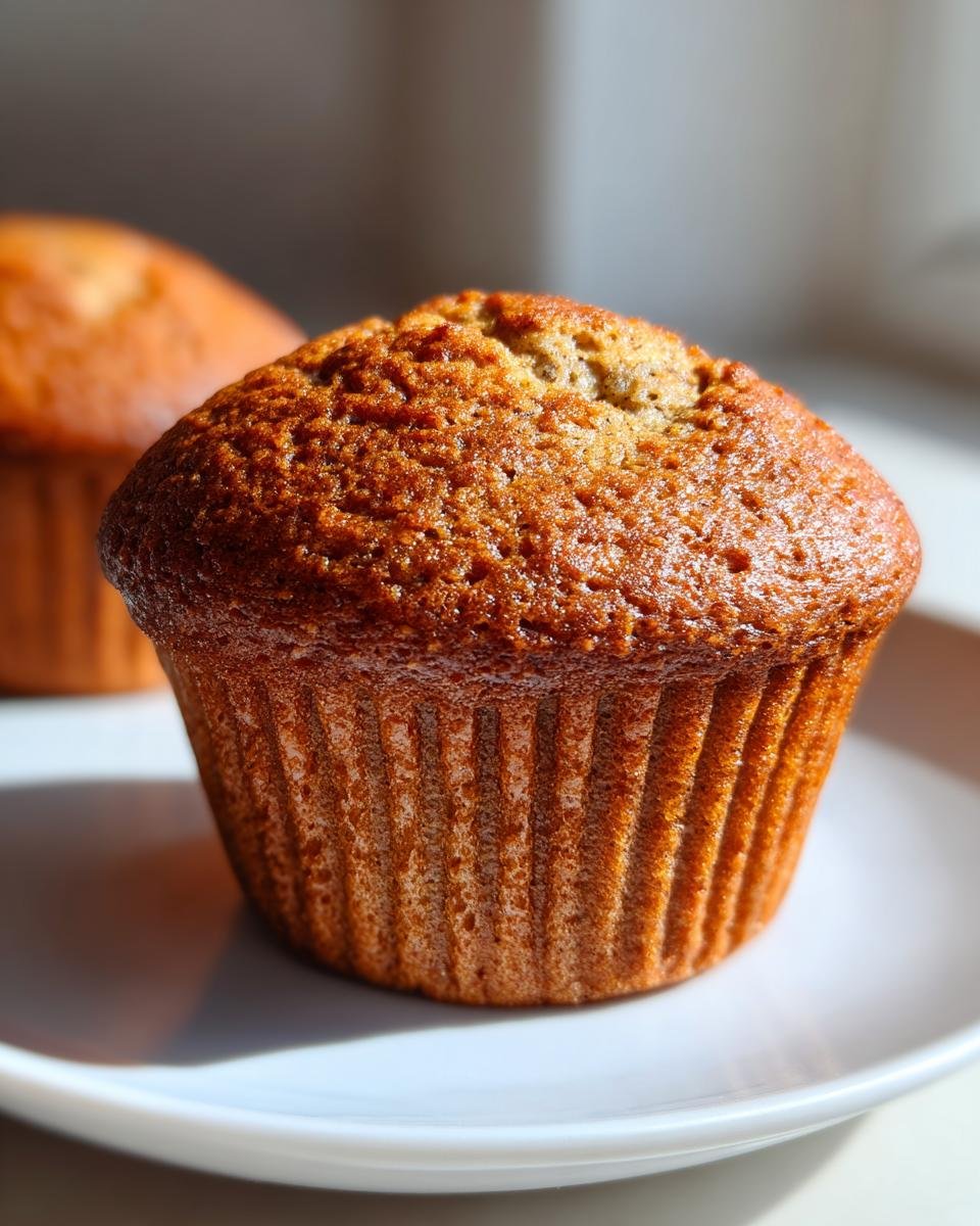 Close-up of a perfectly baked, moist Banana Muffins with a golden brown, domed top, resting on a white plate.