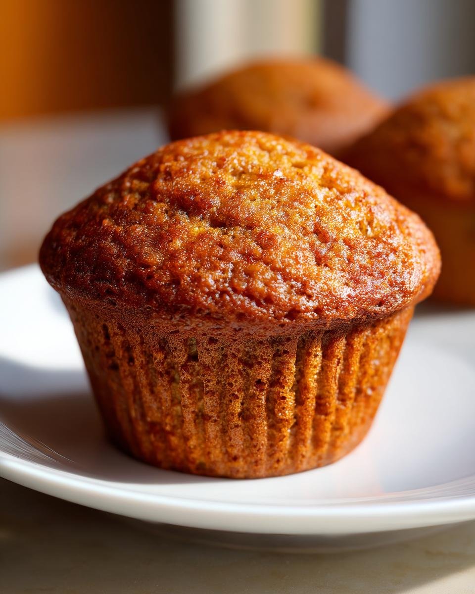 Close-up of a single, perfectly baked, moist Banana Muffins with a golden brown, slightly glossy top, resting on a white plate.