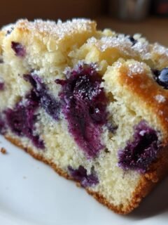 Close-up of a moist slice of Amazing Blueberry Bread topped with coarse sugar crystals.