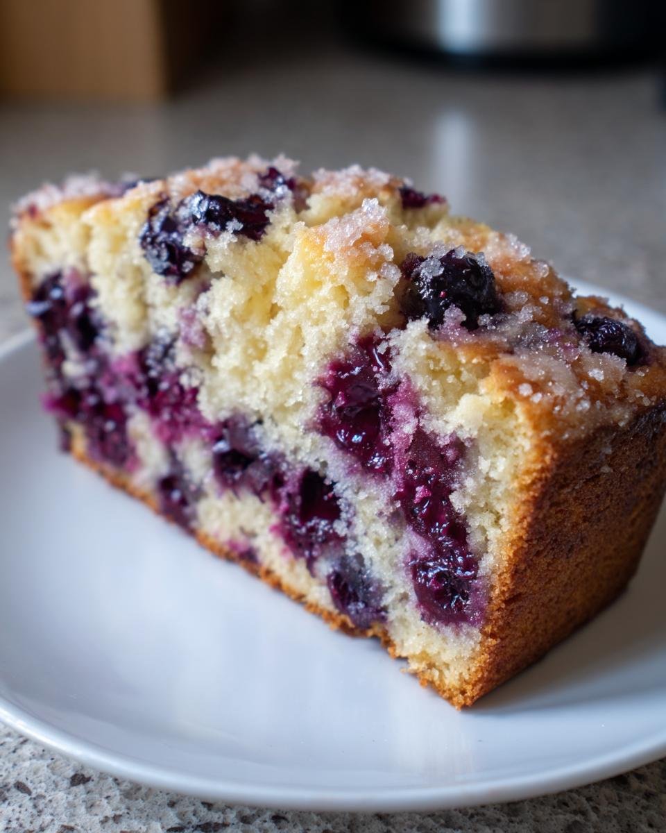 Close-up of a moist slice of Amazing Blueberry Bread, studded with juicy berries and topped with coarse sugar.