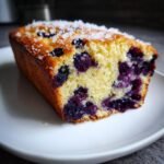 Close-up of a moist slice of Amazing Blueberry Bread, studded with dark blueberries and topped with coarse sugar.