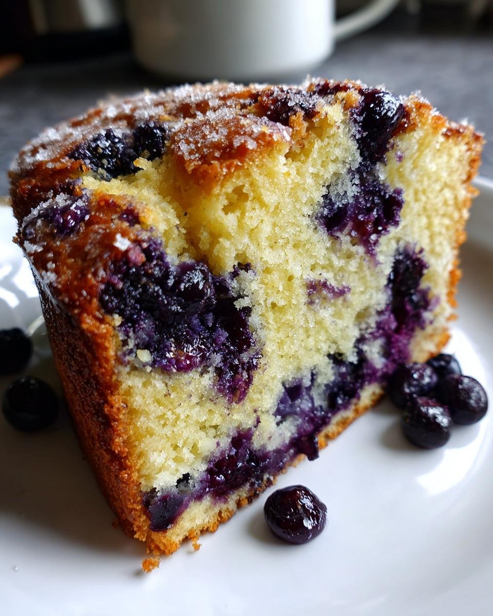 Close-up of a moist slice of amazing Blueberry Bread, studded with dark blueberries and topped with coarse sugar.
