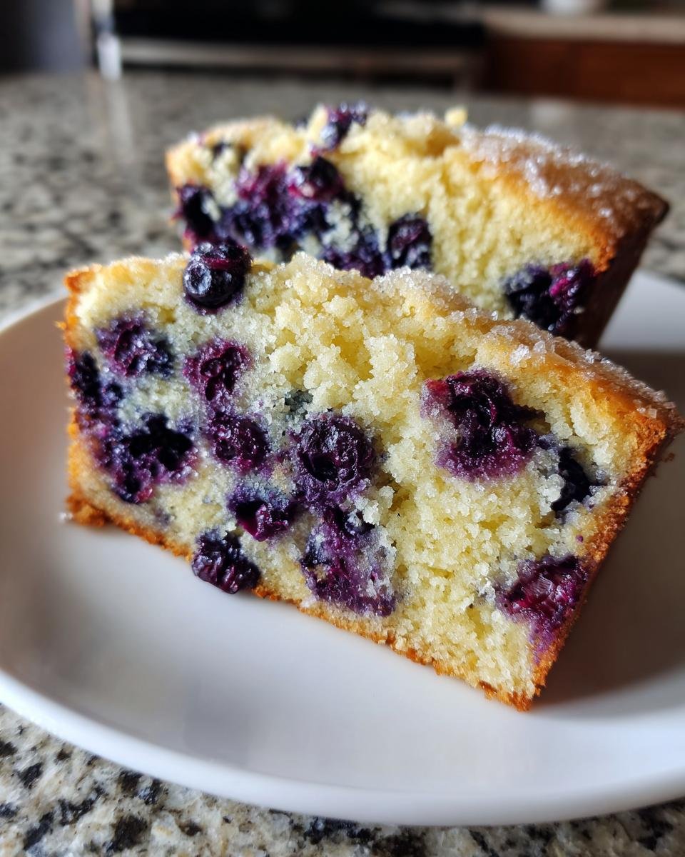 Two slices of moist Blueberry Bread, studded with dark purple blueberries and topped with coarse sugar.