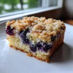 Close-up of a moist slice of Blueberry Coffee Cake featuring a dense crumb and thick, sugary streusel topping.