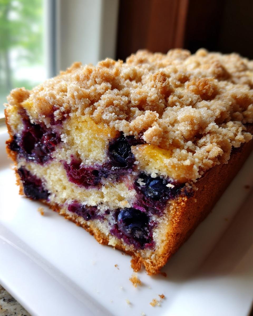 Close-up of a slice of moist Blueberry Coffee Cake showing rich blueberries and a thick, buttery crumb topping.