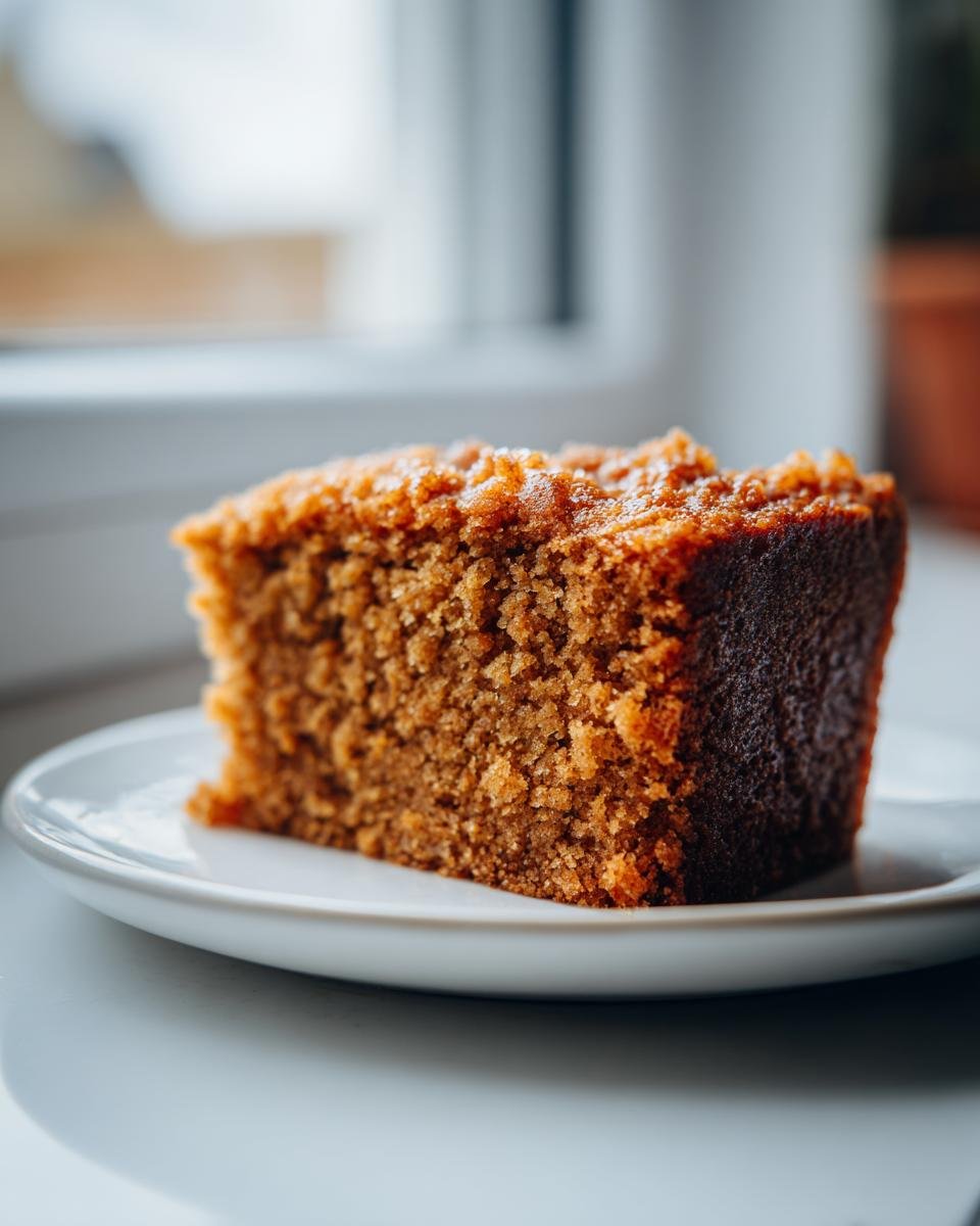 Close-up of a moist slice of Brown Sugar Cake with a rich, caramelized top, served on a white plate.