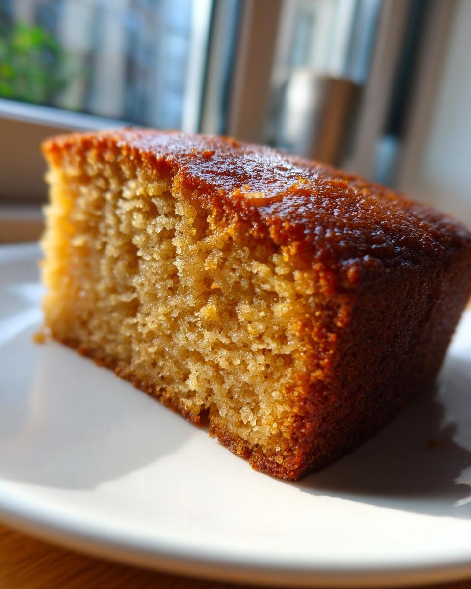 Close-up of a moist, golden slice of Brown Sugar Cake with a shiny, caramelized top.